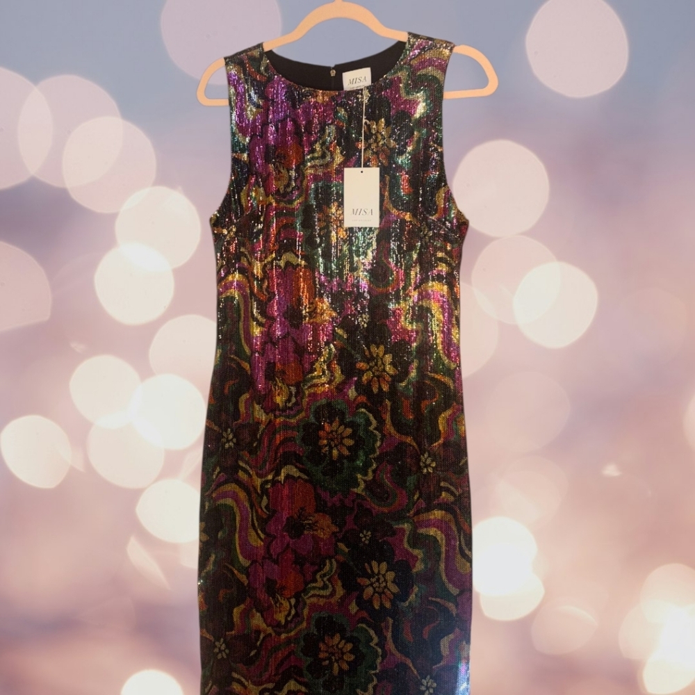NWT Sz L MISA Los Angeles Nakia Floral Sequin Sleeveless Midi Dress - Picture 5 of 8